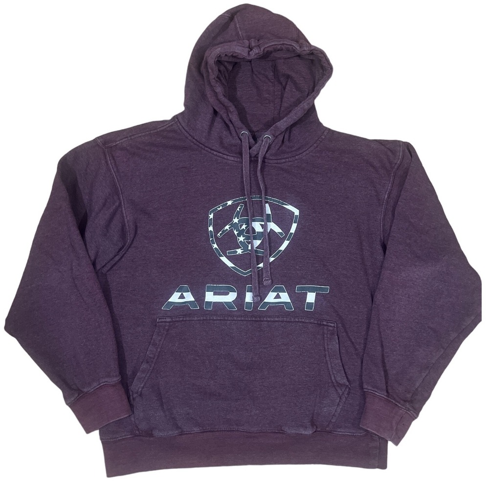 Ariat mens burgundy flag drawstring hoodie sweatshirt sz LARGE